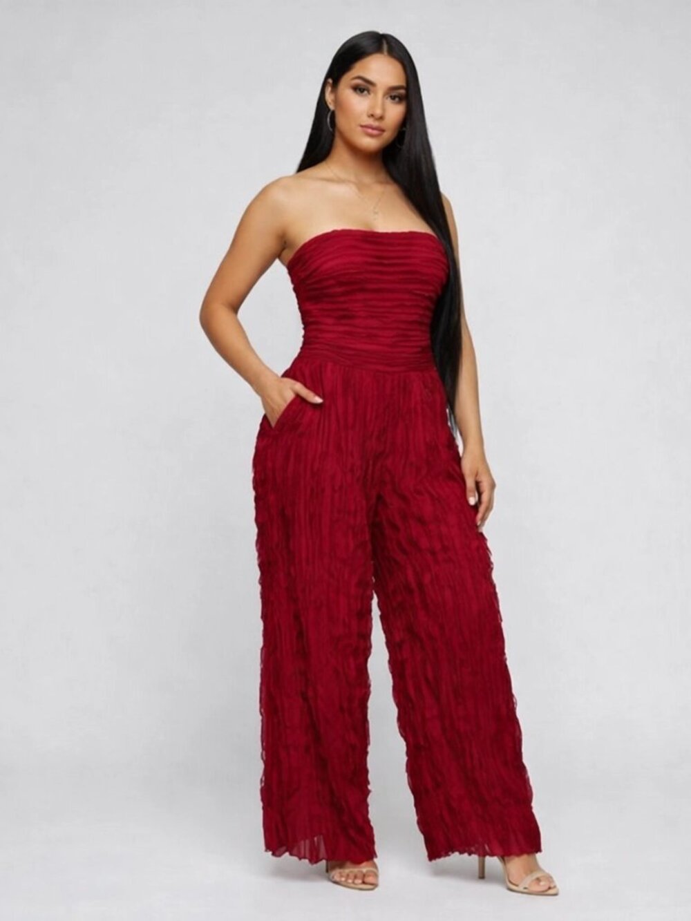 Red Strapless Ruffled Jump Suit